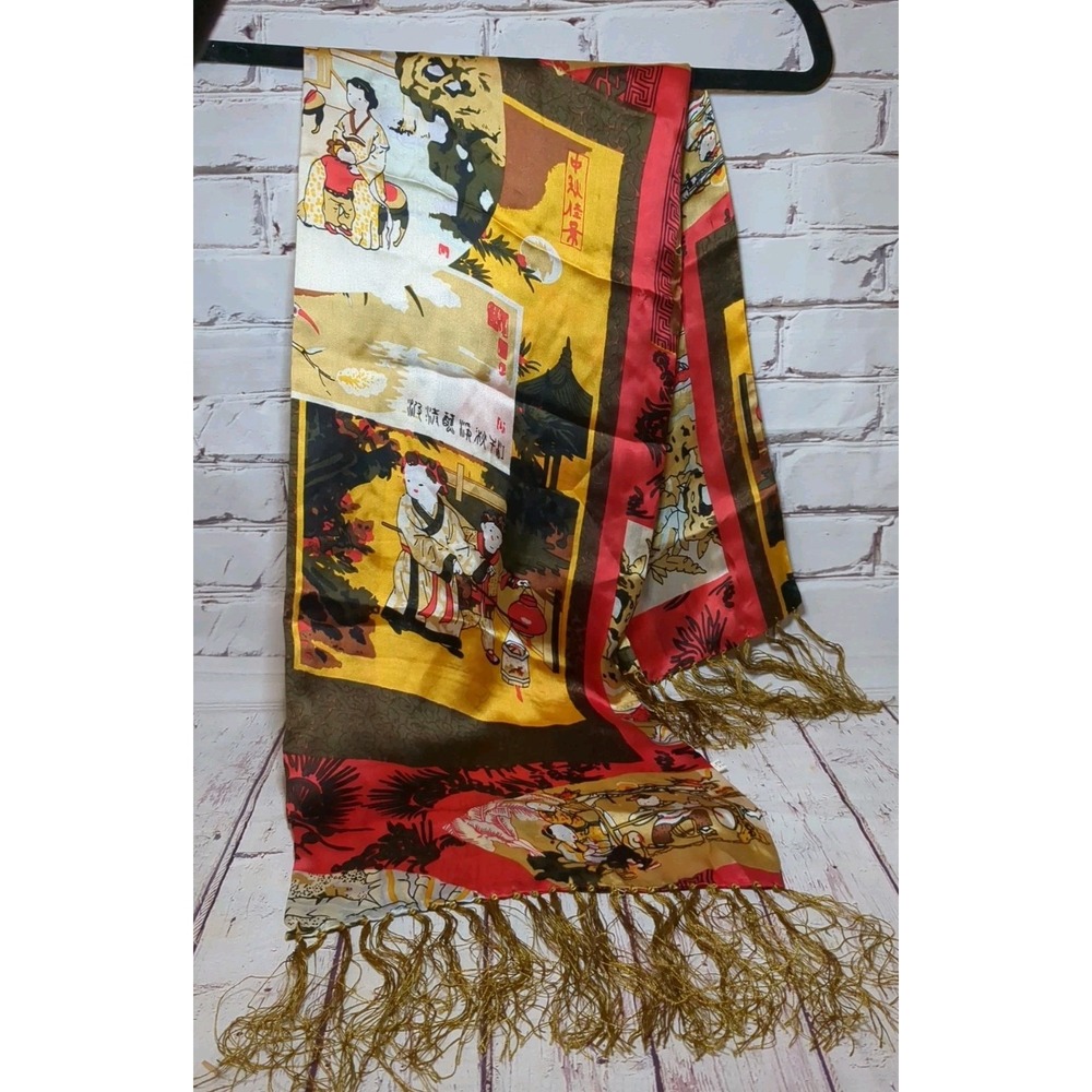 100% Silk Hand Painted Double Layer Fringed‎ Scarf 42" x 10" Red, Black, Gold